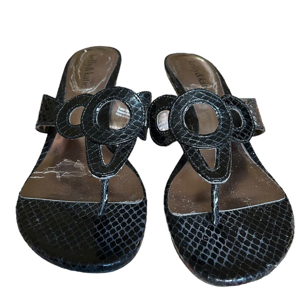 Kelly & Katie Sz 8 Faux Alligator Stacked Heel Sandals Black Summer Shiny Party